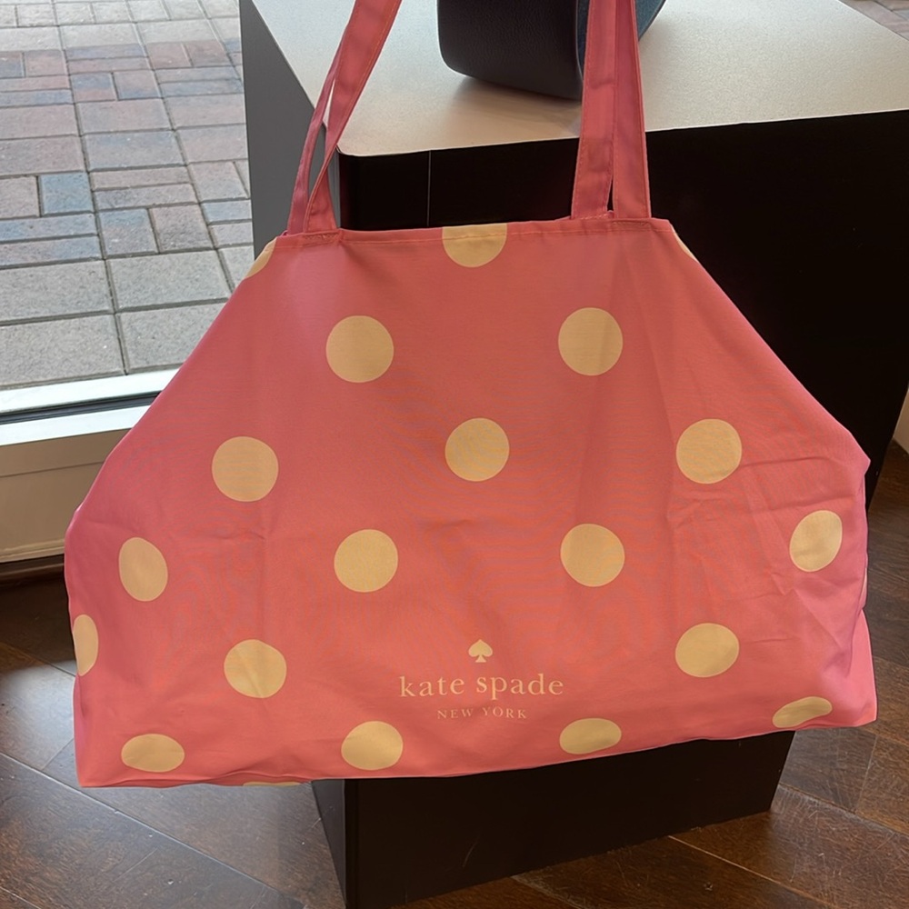 Kate Spade Soft Pink-White Polka Dots Canvas Tote XL Reusable Shopping Beach Bag - Picture 10 of 16